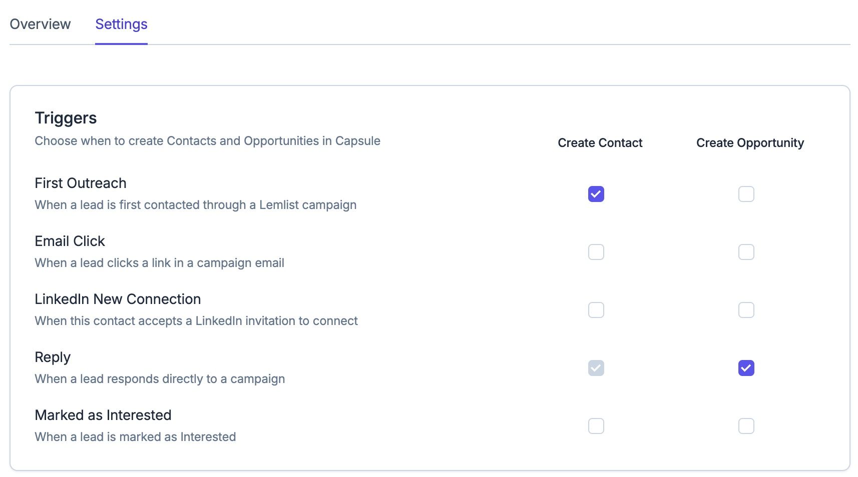 Integración de Lemlist Ajustes del activador