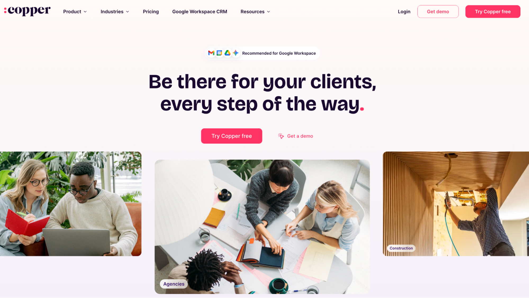 Copper CRM homepage showing Google Workspace integration and diverse professional teams.