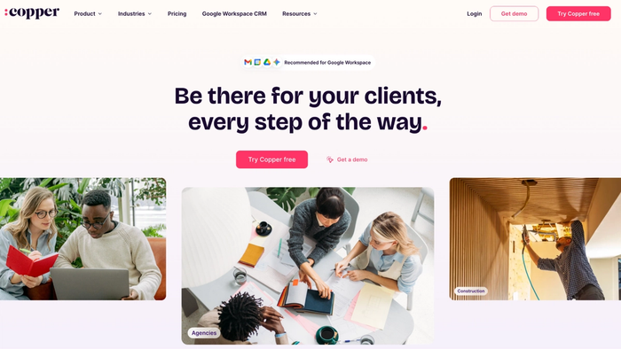 Copper CRM homepage showing Google Workspace integration and diverse professional teams.