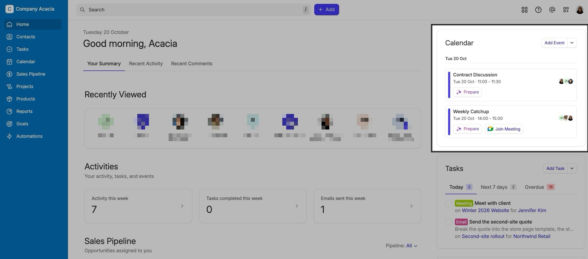 Visão geral da integração com o Google Calendar na página inicial