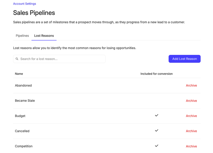 Lost reasons options