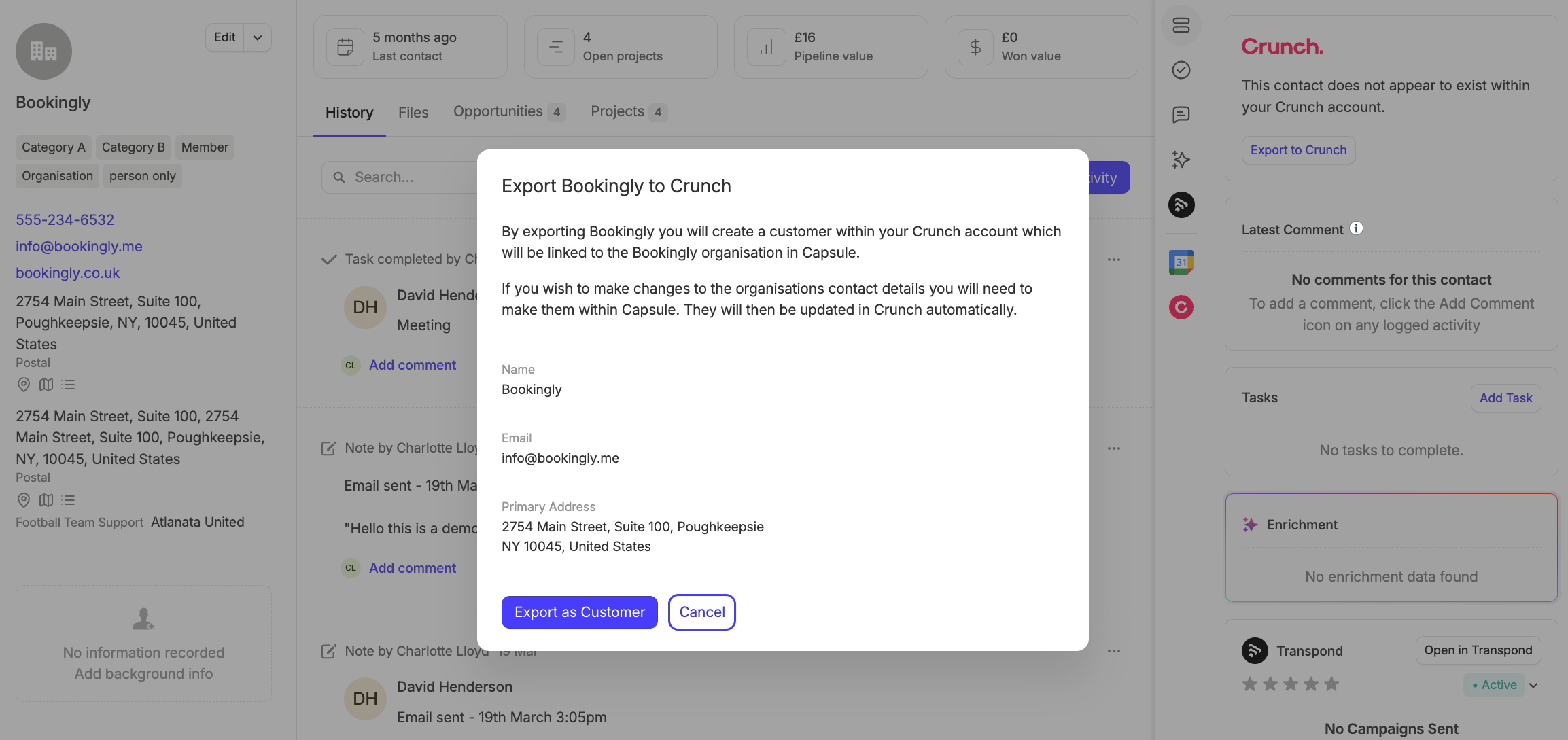 Showing data being exported from Capsule to Crunch 