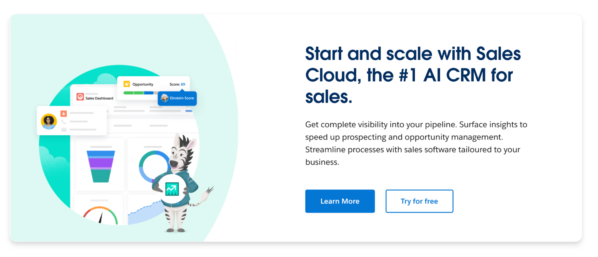 Sales Cloud landing page featuring a CRM dashboard with a zebra mascot and the headline: "Start and scale with Sales Cloud, the #1 AI CRM for sales."