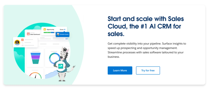 Sales Cloud landing page featuring a CRM dashboard with a zebra mascot and the headline: "Start and scale with Sales Cloud, the #1 AI CRM for sales."