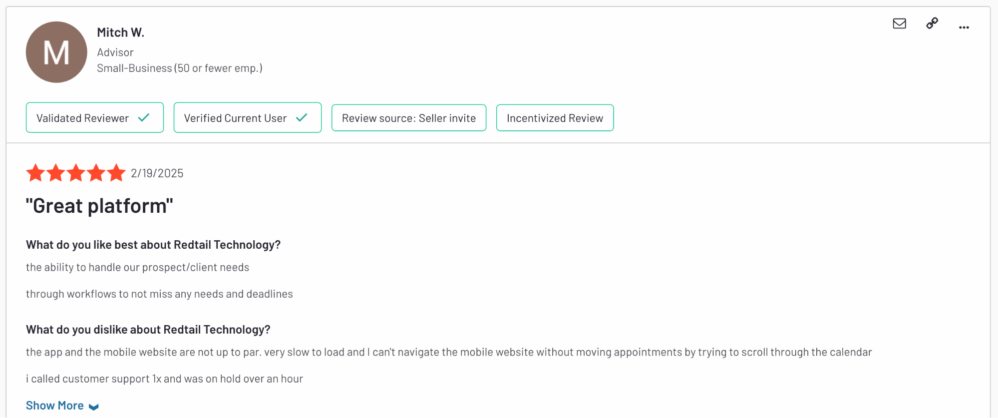 Redtail CRM review praising client workflow handling but noting poor mobile experience and long support wait time.