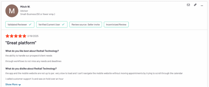 Redtail CRM review praising client workflow handling but noting poor mobile experience and long support wait time.