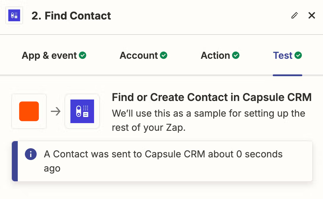 teste bem-sucedido para encontrar etapa de contato no zapier