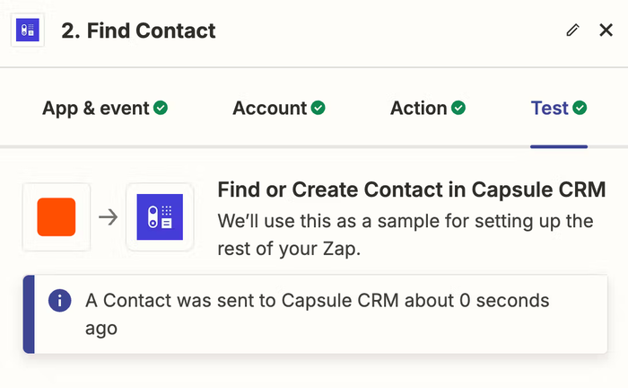 successful test for find contact step in zapier