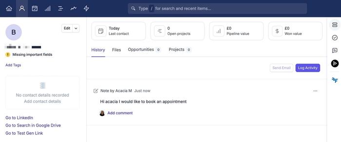 showing new contact in Capsule with note added