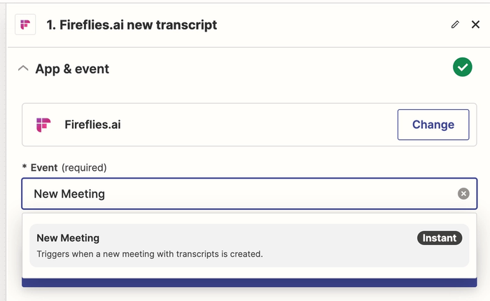 showing new meeting trigger in fireflies zapier template