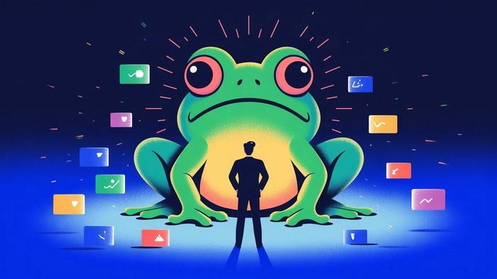 A man is standing in front of a large frog.