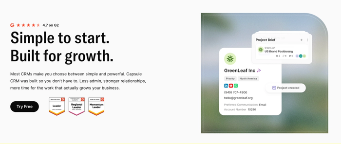 Capsule CRM website section with the headline "Simple to start. Built for growth.", customer awards, and a UI showing a company contact card and a project brief.