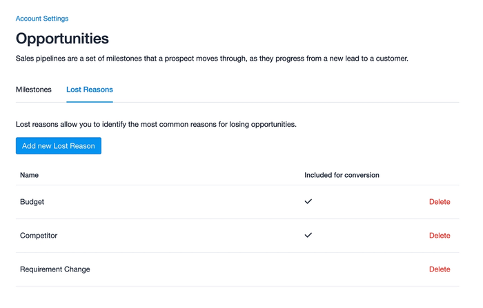 Lost reasons options