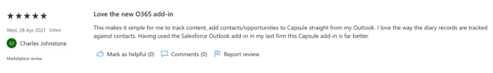 A 5-star marketplace review by Charles Johnstone for an O365 add-in, praising its integration and calling it "far better" than Salesforce's.