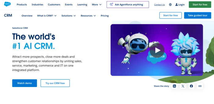 Salesforce CRM landing page promoting "The world's #1 AI CRM" with a video thumbnail showing two animated characters.