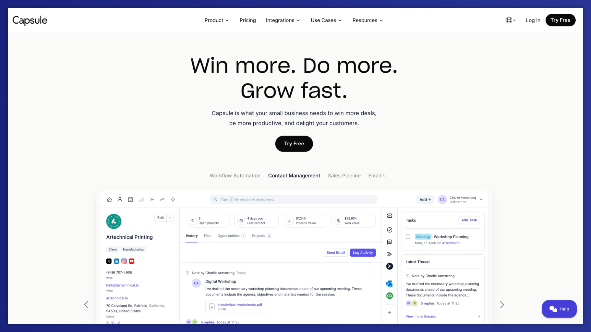 Capsule website screenshot with the slogan 'Win more. Do more. Grow fast.' and a view of the CRM's contact management interface.