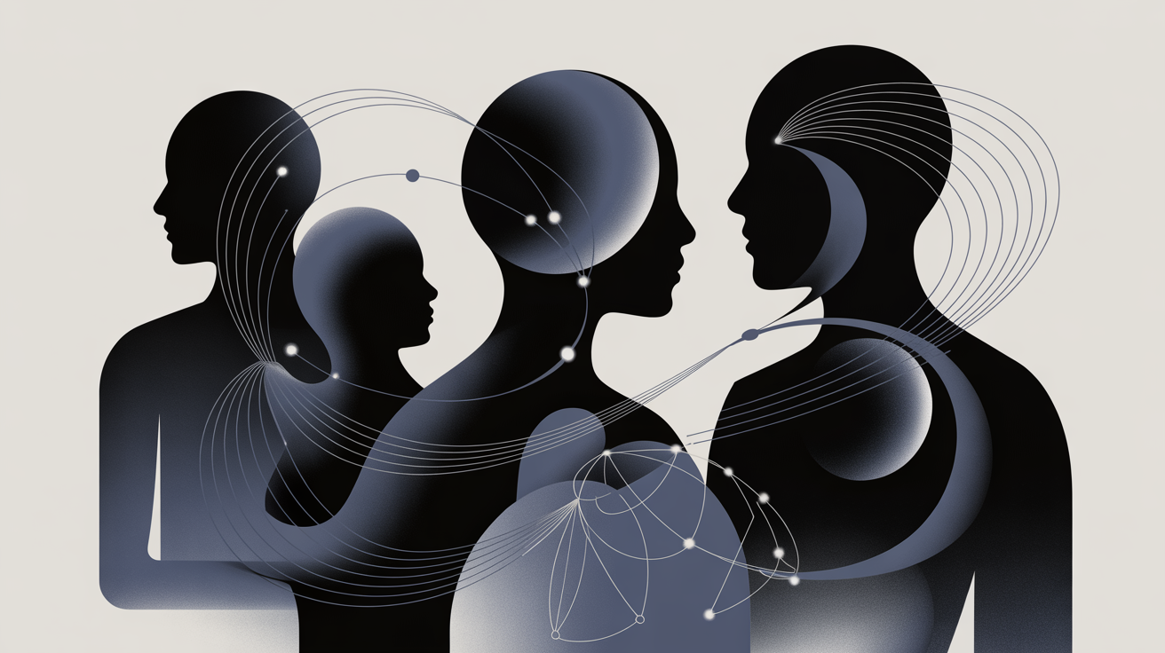 Abstract illustration of four dark human silhouettes interconnected by a network of glowing lines and dots.