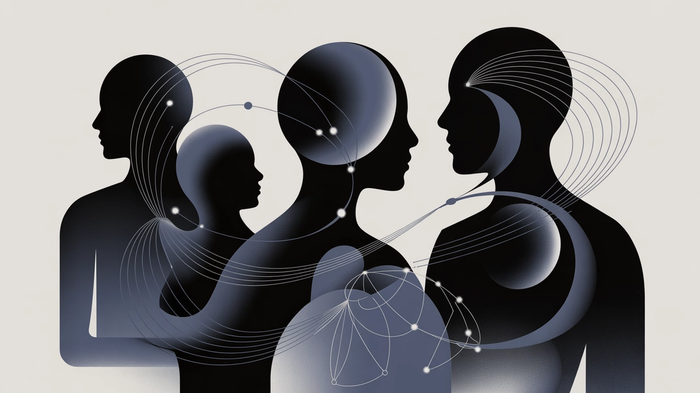 Abstract illustration of four dark human silhouettes interconnected by a network of glowing lines and dots.