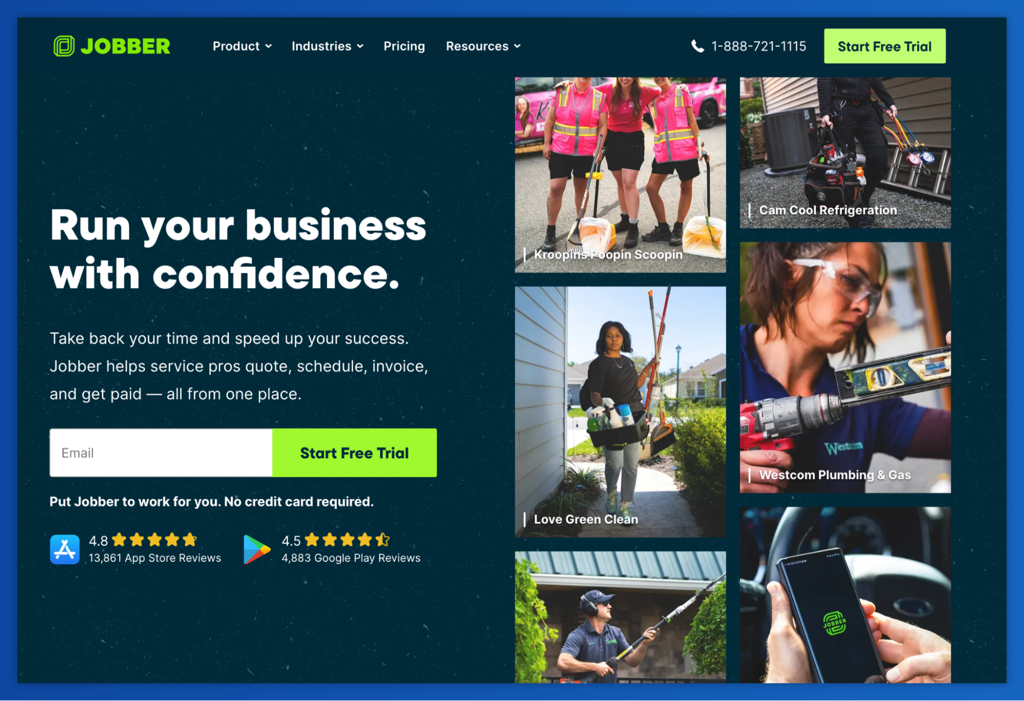 Jobber landing page with headline "Run your business with confidence," an email signup form, and a grid of six photos featuring diverse service professionals.