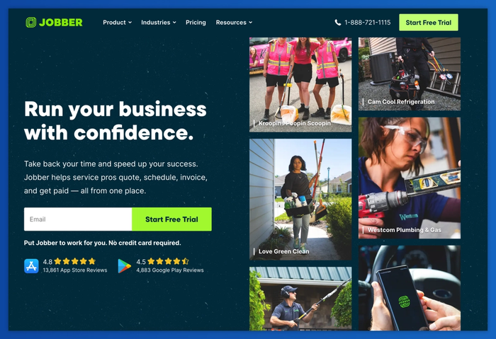 Jobber landing page with headline "Run your business with confidence," an email signup form, and a grid of six photos featuring diverse service professionals.