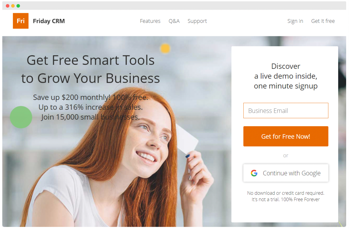 Friday CRM homepage with smart tools for business growth.