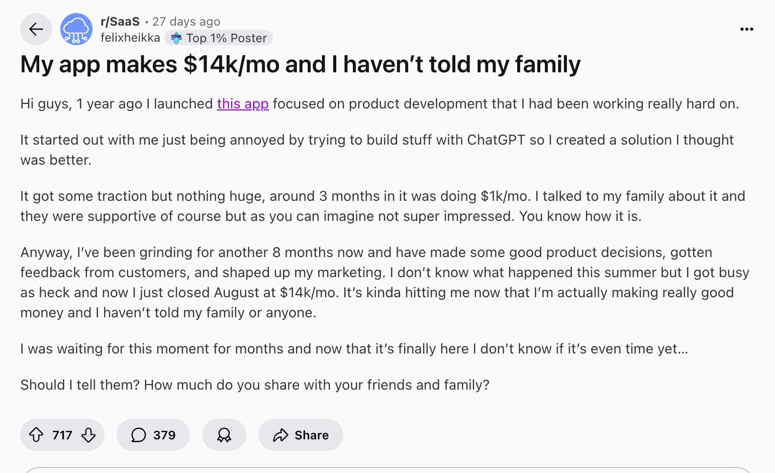 Reddit post about an app making $14k per month.
