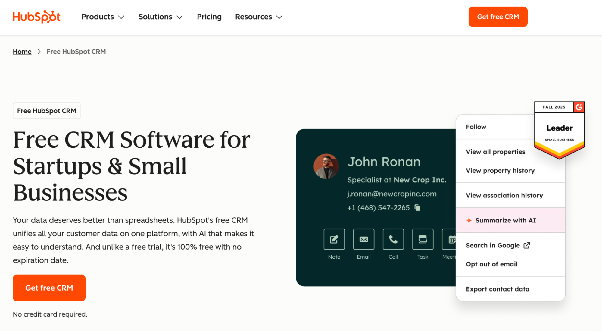 HubSpot CRM webpage promoting free software, showing a contact card with a menu highlighting the "Summarize with AI" feature.