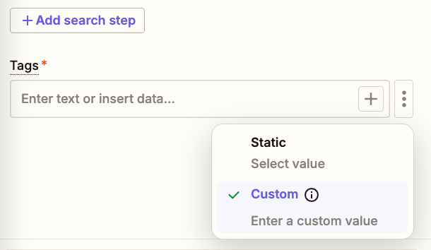 showing the zapier custom tab in feefo zap tags field