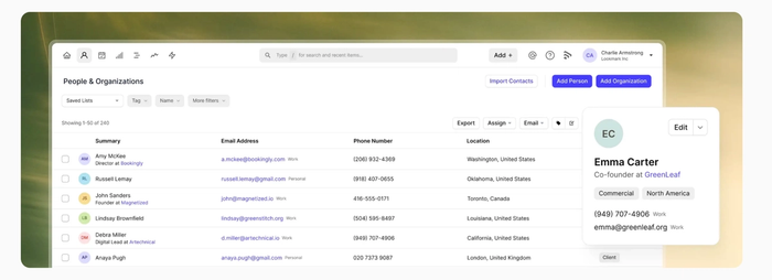 A contact management dashboard displaying a list of people and organizations, with a detailed profile card for Emma Carter overlaying the list.