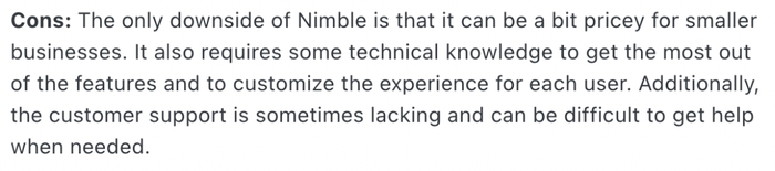 Nimble is pricey for small businesses says one customer