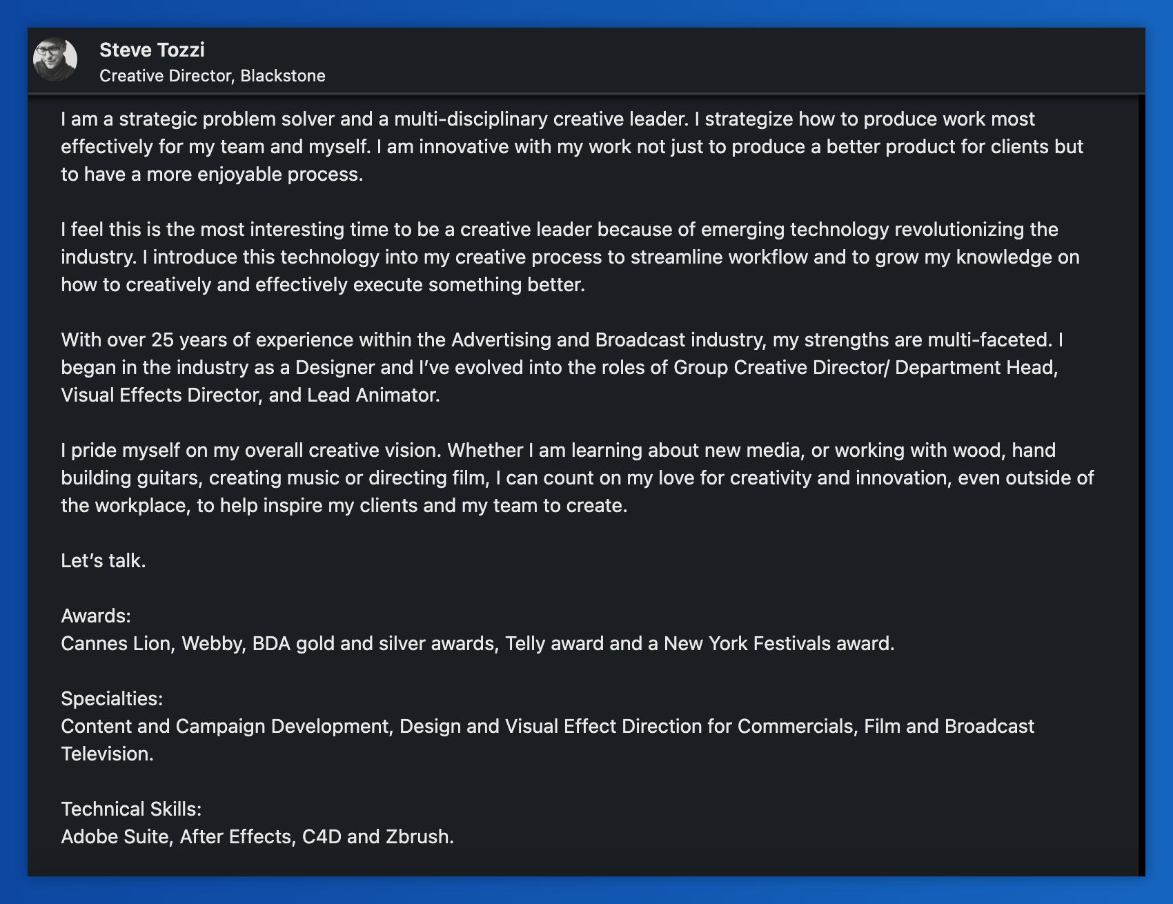 a resume for steve tozzi creative director blackstone