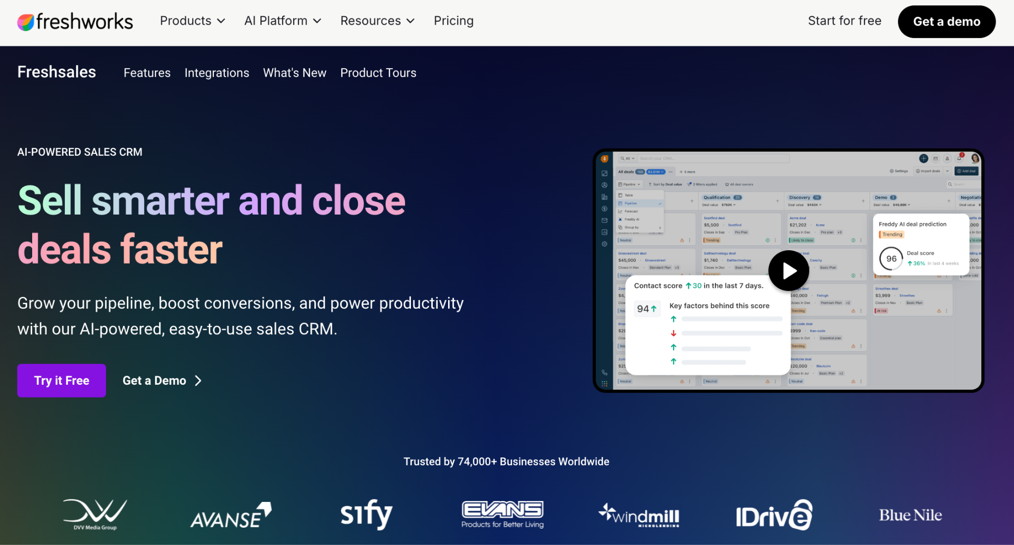 Freshsales AI-powered CRM website with the headline "Sell smarter and close deals faster" and a demo video of the CRM interface.