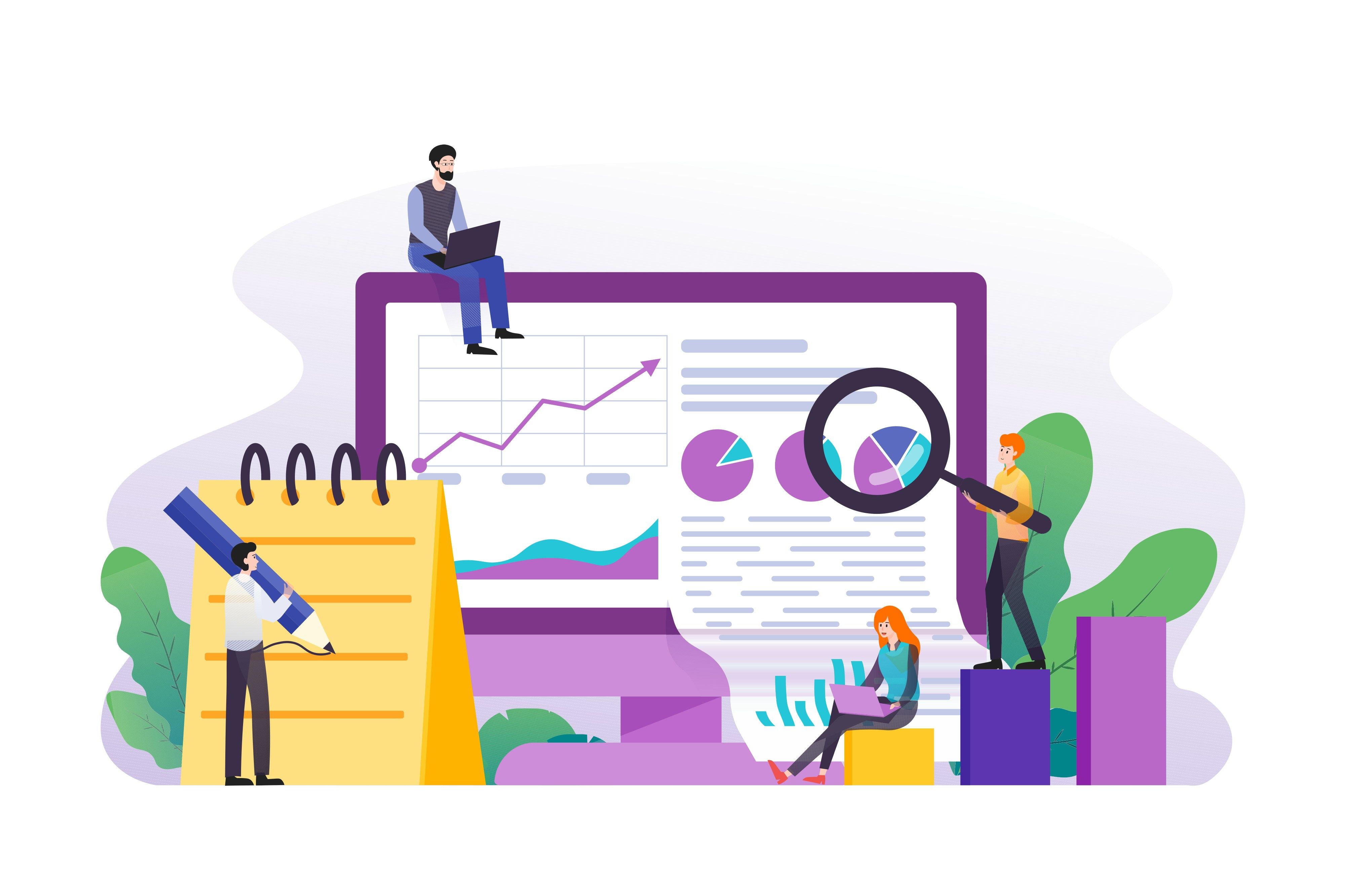 Illustration shows team members using a CRM and analysing data