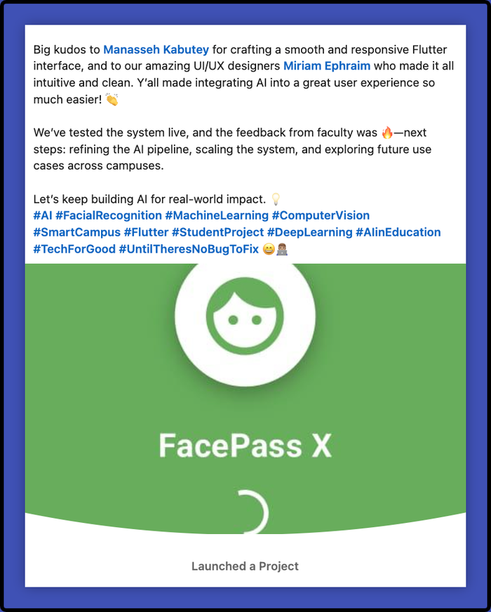 A Facebook post about Facepass x launched a project.