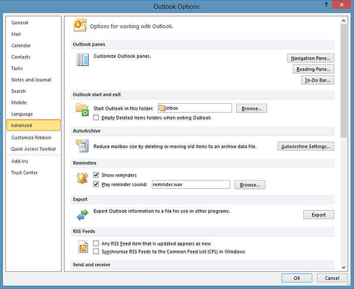 The advanced settings in Outlook with the option to Export