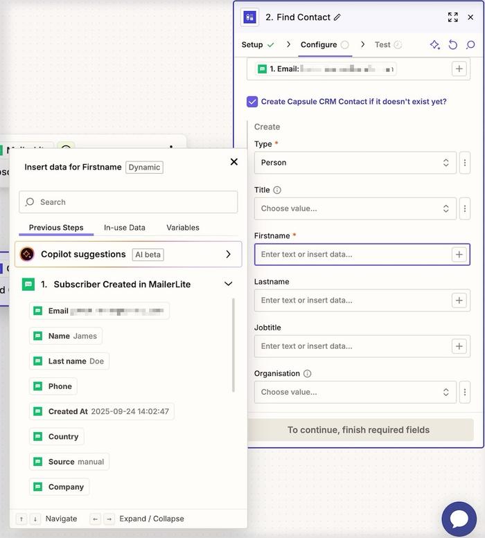 create contact in capsule expanded with mailerlite fields showing