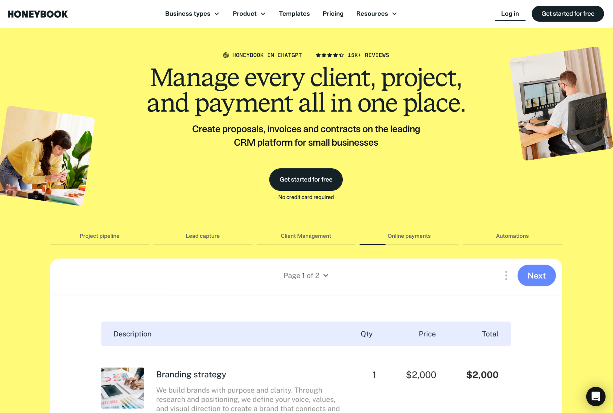 honeybook homepage