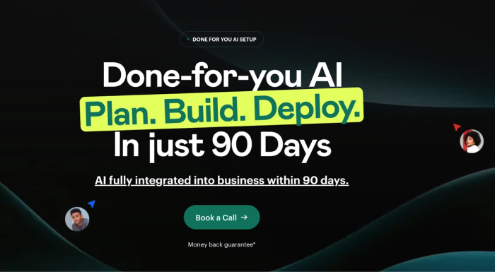 Website banner for "Done-for-you AI" service, promising to "Plan. Build. Deploy." AI in just 90 days.