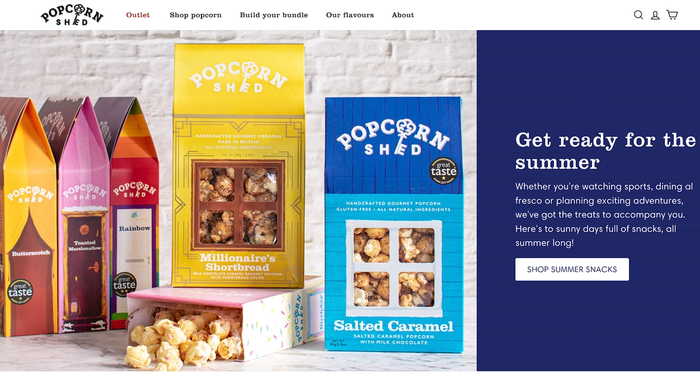 This image shows the website home page for Popcorn Shed