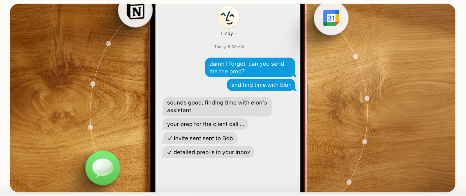 Phone screen showing an AI assistant chat that schedules a meeting and sends call prep.