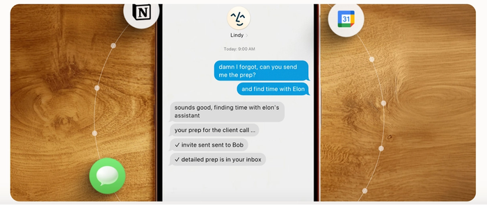 Phone screen showing an AI assistant chat that schedules a meeting and sends call prep.