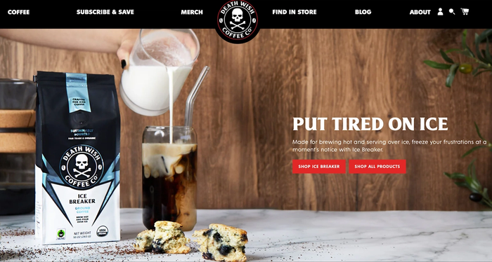 A screenshot of the website for Death Wish Coffee