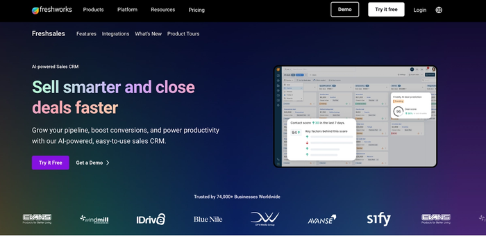 Freshsales AI-powered Sales CRM website with its dashboard showing sales data and contact scores, alongside the headline "Sell smarter and close deals faster."