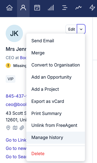 Showing the Contact action menu with manage history option highlighted