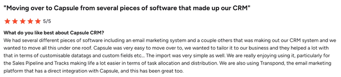 A 5/5 star customer review for Capsule CRM, titled "Moving over to Capsule from several pieces of software that made up our CRM".