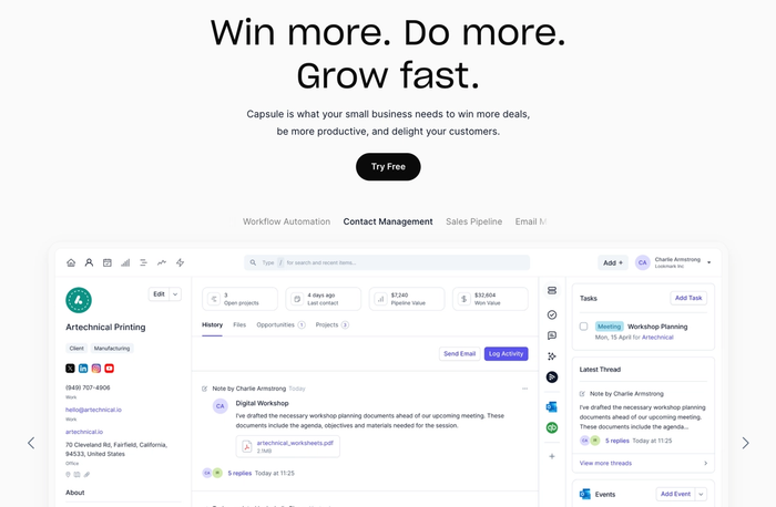 Capsule CRM's homepage.