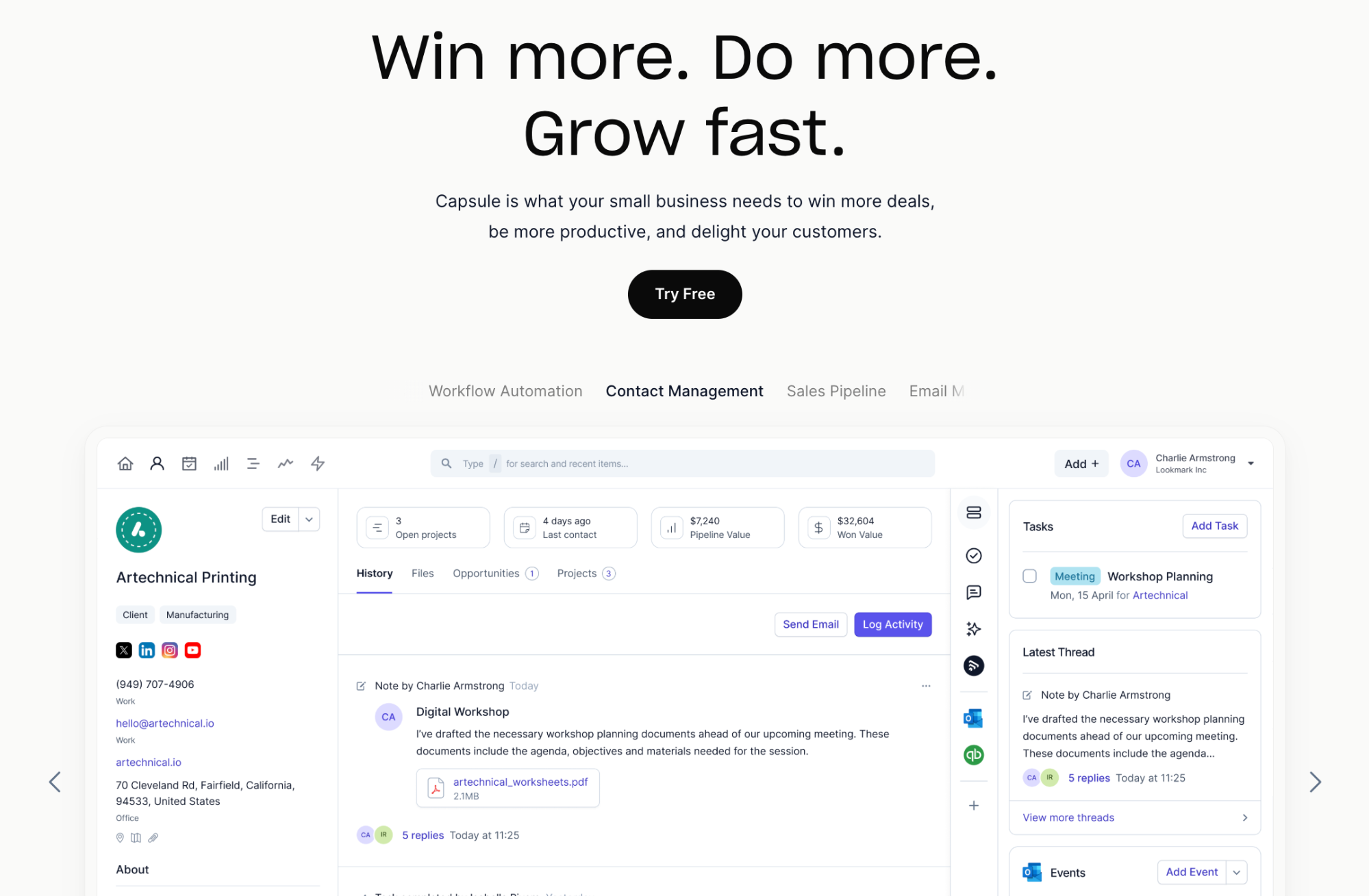 Capsule CRM's homepage.