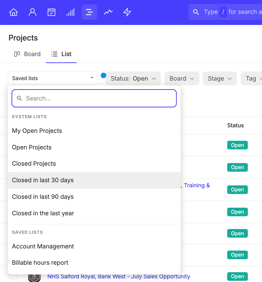 Project list view with the drop down menu displayed, with options for closed Projects in the last 30 days / 90days / year