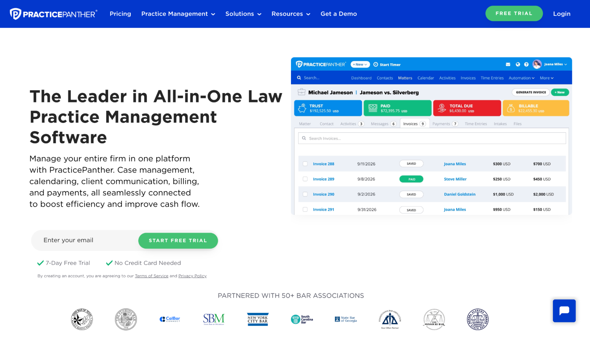 PracticePanther law practice management software landing page showing features and an invoice management dashboard example.