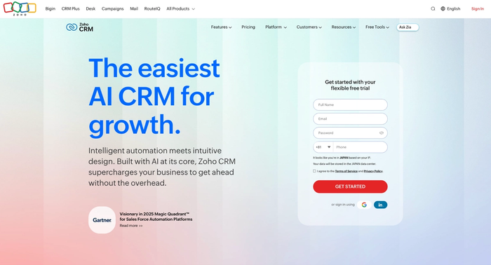 Zoho CRM website homepage